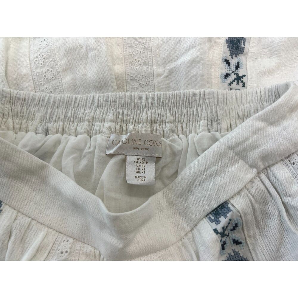 Caroline Constas XS Linen Blend Embroidered Maxi Skirt White Blue Boho Cottage - Picture 12 of 12